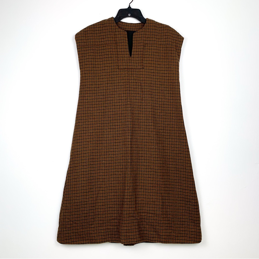 100% Vintage Wool Brown Checked Midi Dress